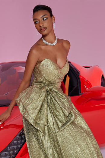Gold Metallic A Line Sweetheart Long Prom Dress with Bow