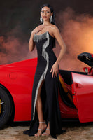 Load image into Gallery viewer, Black Mermaid Strapless Fringed Long Prom Dress with Slit