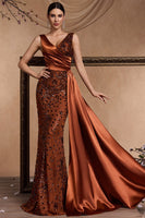 Load image into Gallery viewer, Sparkly Floral Brown Satin Mermaid V-Neck Long Mother of the Bride Dress with Side Cape