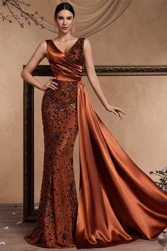 Sparkly Floral Brown Satin Mermaid V-Neck Long Mother of the Bride Dress with Side Cape