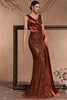Load image into Gallery viewer, Sparkly Floral Brown Satin Mermaid V-Neck Long Mother of the Bride Dress with Side Cape