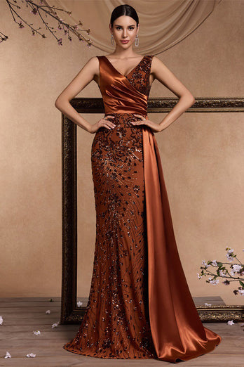 Sparkly Floral Brown Satin Mermaid V-Neck Long Mother of the Bride Dress with Side Cape