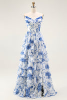 Load image into Gallery viewer, Floral White and Blue A Line Tiered Strapless Long Prom Dress with Ruffles