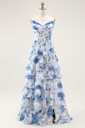 Floral White and Blue A Line Tiered Strapless Long Prom Dress with Ruffles