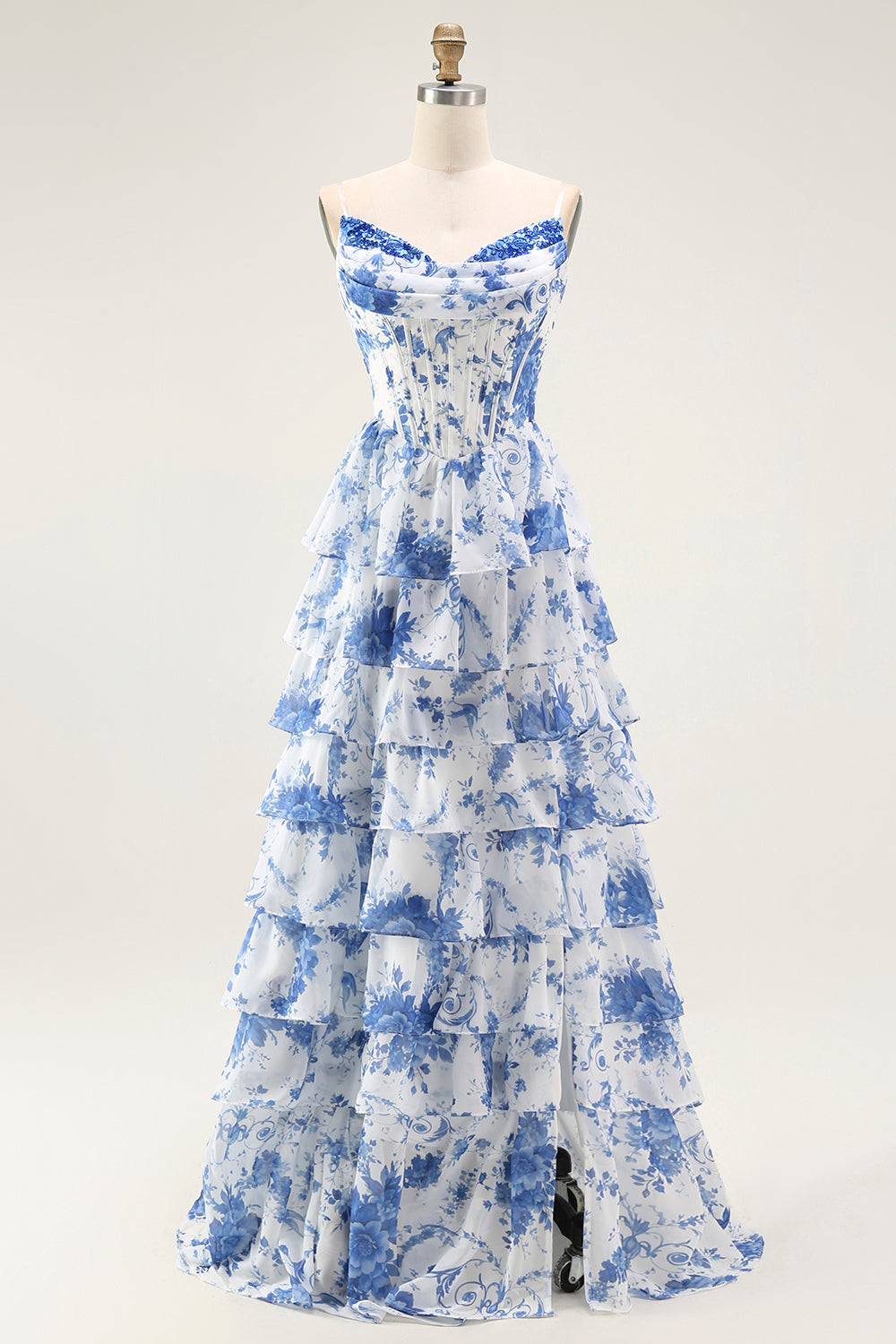 Floral White and Blue A Line Tiered Strapless Long Prom Dress with Ruffles