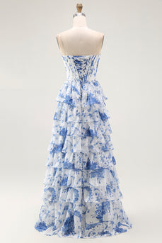Floral White and Blue A Line Tiered Strapless Long Prom Dress with Ruffles