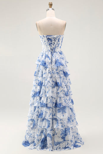 Floral White and Blue A Line Tiered Strapless Long Prom Dress with Ruffles