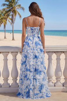 Floral White and Blue A Line Tiered Strapless Long Prom Dress with Ruffles