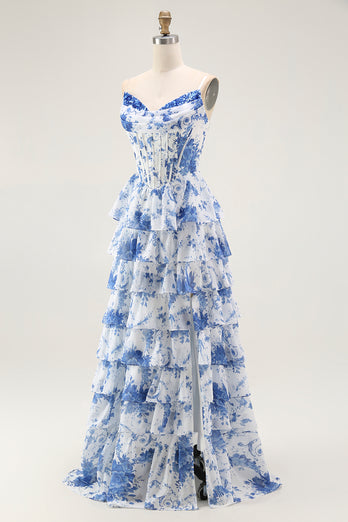 Floral White and Blue A Line Tiered Strapless Long Prom Dress with Ruffles
