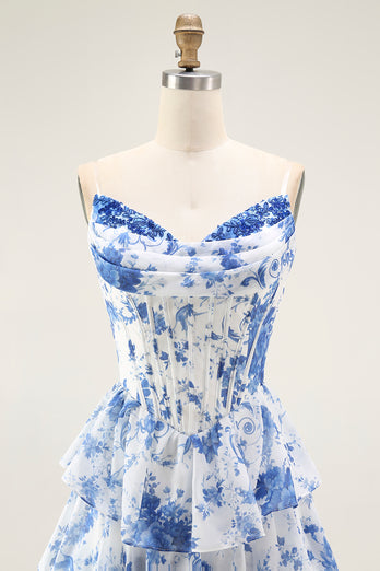 Floral White and Blue A Line Tiered Strapless Long Prom Dress with Ruffles