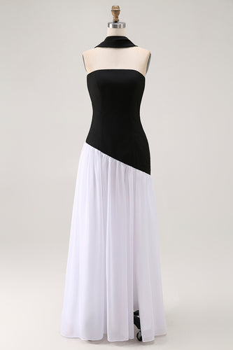 Black and White Sheath Neck Scarf Long Formal Dress with Slit
