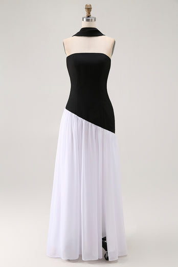 Black and White Sheath Neck Scarf Long Formal Dress with Slit