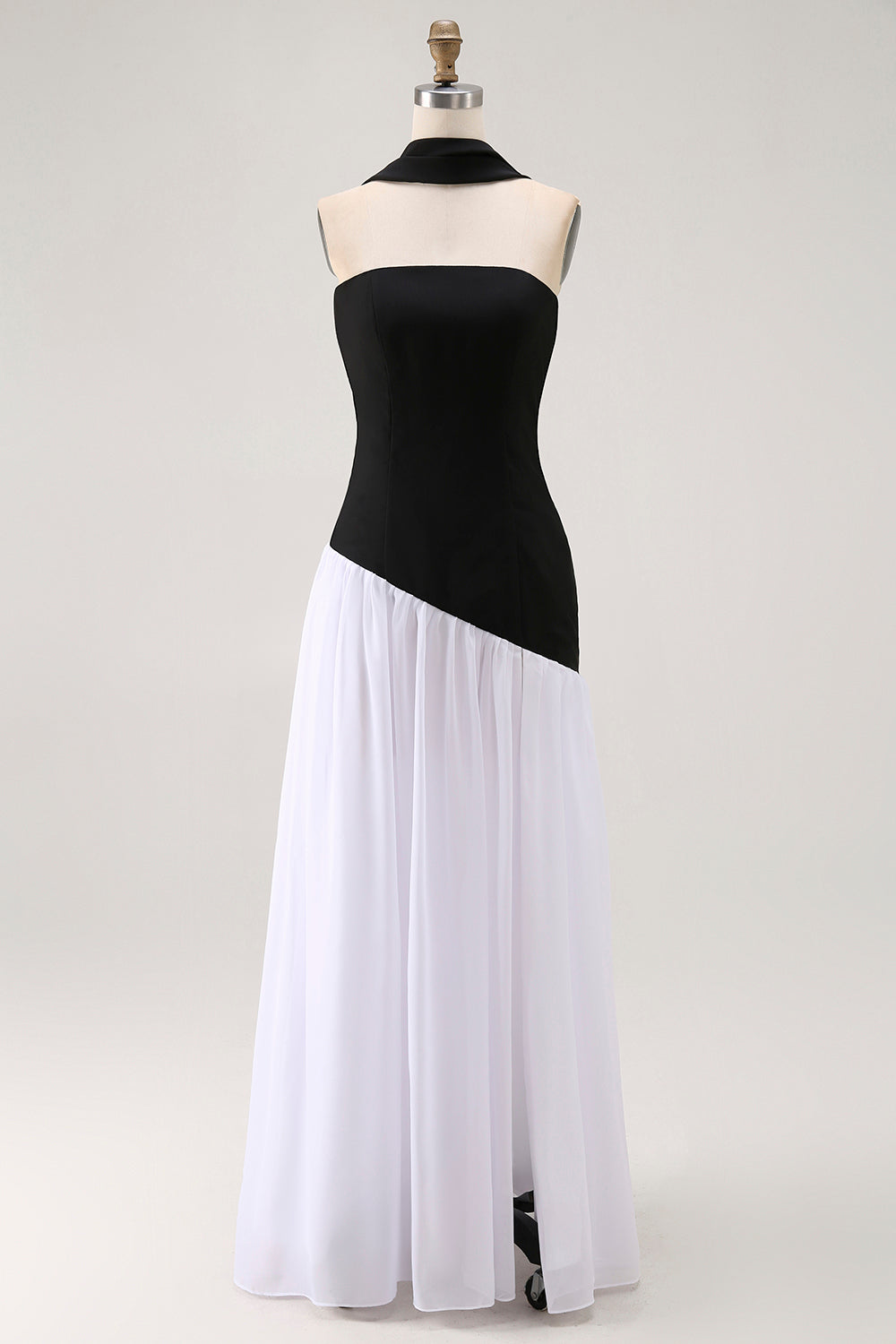 Black and White Sheath Neck Scarf Long Formal Dress with Slit