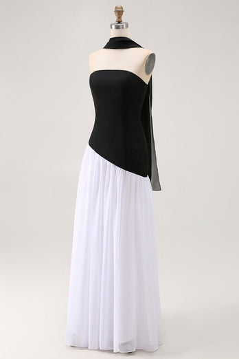 Black and White Sheath Neck Scarf Long Formal Dress with Slit