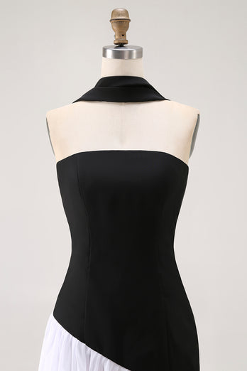 Black and White Sheath Neck Scarf Long Formal Dress with Slit