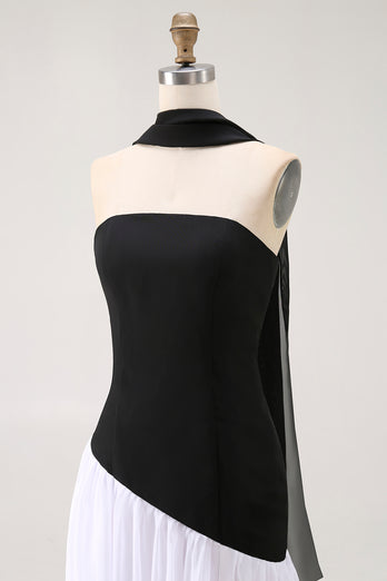 Black and White Sheath Neck Scarf Long Formal Dress with Slit