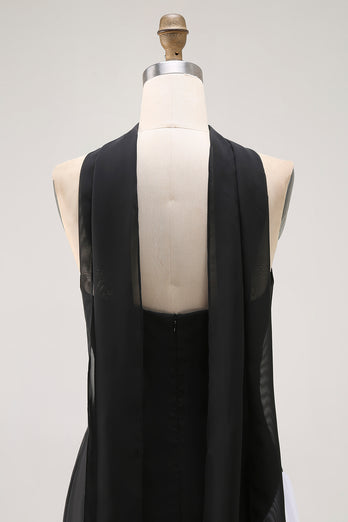 Black and White Sheath Neck Scarf Long Formal Dress with Slit