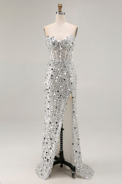 Sparkly Sequin Mermaid Strapless Long Corset Prom Dress with Slit