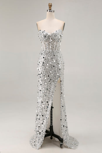 Sparkly Sequin Mermaid Strapless Long Corset Prom Dress with Slit