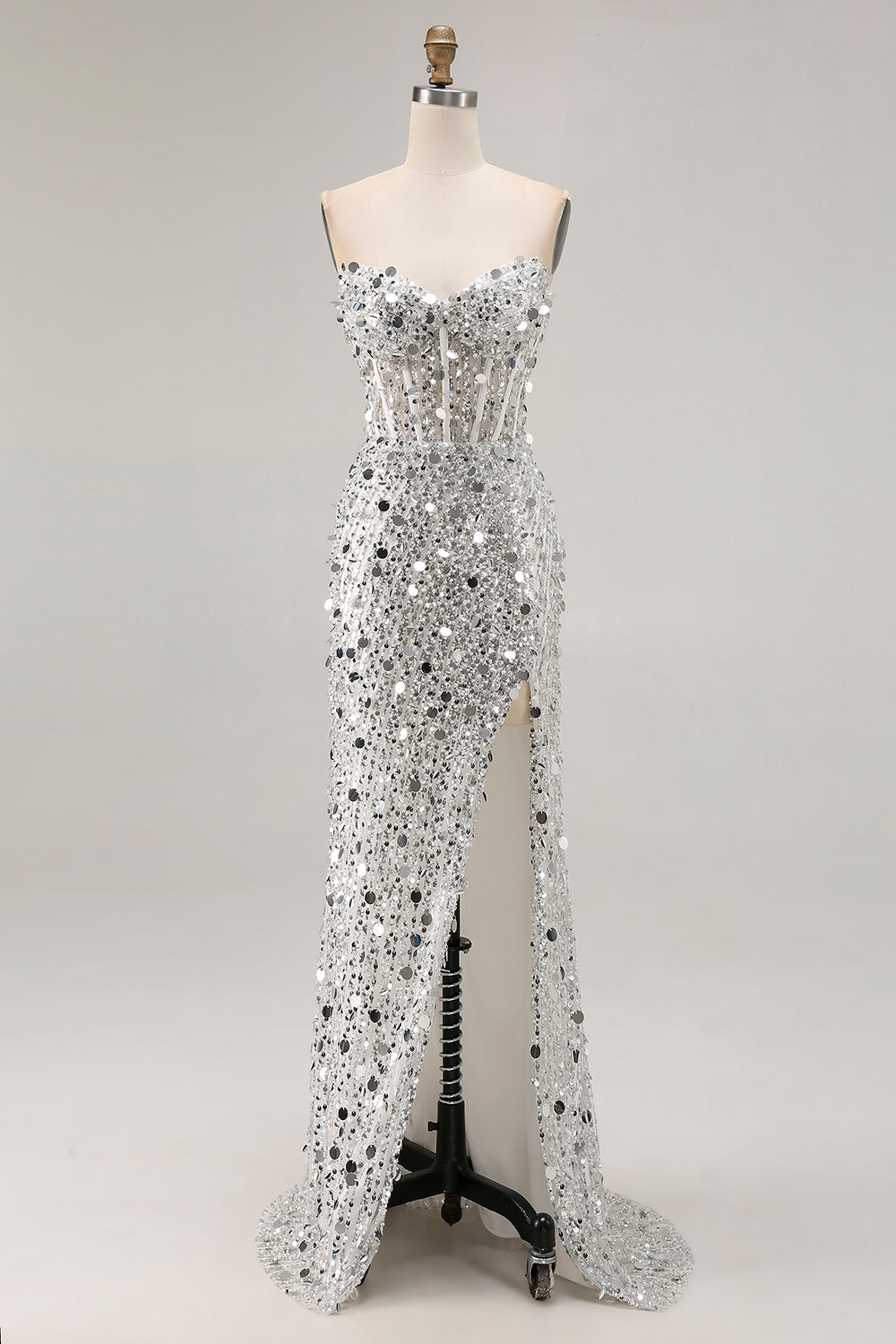 Sparkly Sequin Mermaid Strapless Long Corset Prom Dress with Slit