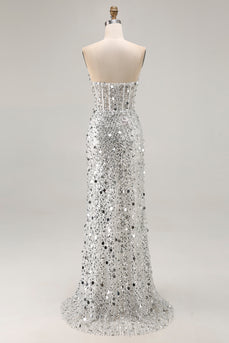 Sparkly Sequin Mermaid Strapless Long Corset Prom Dress with Slit