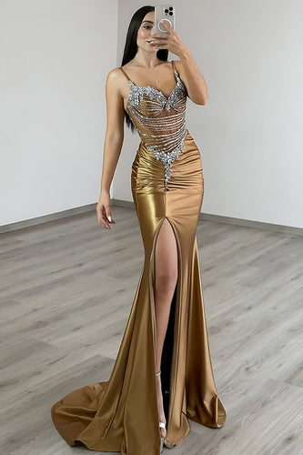 Sparkly Dark Gold Satin Mermaid Long Corset Prom Dress with Slit