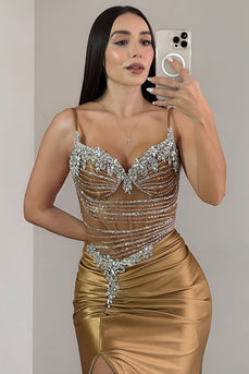 Sparkly Dark Gold Satin Mermaid Long Corset Prom Dress with Slit