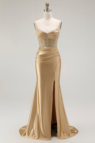 Sparkly Gold Mermaid Satin Long Corset Prom Dress with Slit