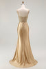 Load image into Gallery viewer, Sparkly Red Ruched Satin Long Corset Prom Dress with Slit