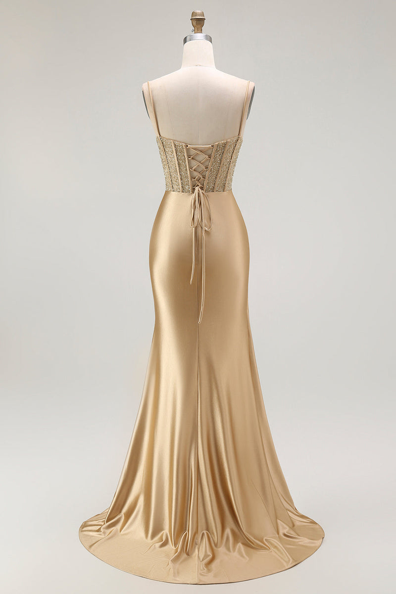 Load image into Gallery viewer, Sparkly Navy Mermaid Satin Long Corset Prom Dress with Beading