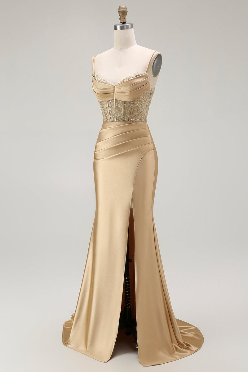 Load image into Gallery viewer, Sparkly Grey Satin Spaghetti Straps Long Corset Prom Dress with Slit