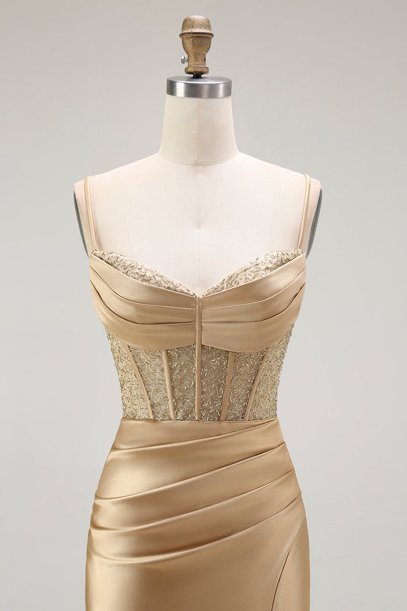 Load image into Gallery viewer, Sparkly Navy Mermaid Satin Long Corset Prom Dress with Beading