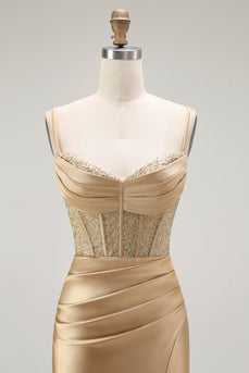 Sparkly Grey Satin Spaghetti Straps Long Corset Prom Dress with Slit