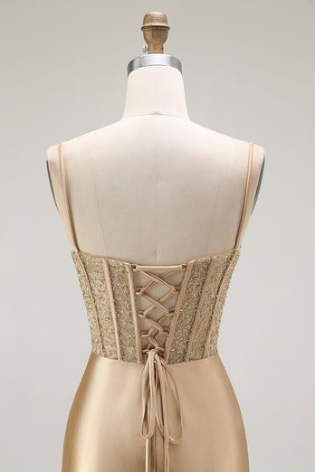 Sparkly Gold Mermaid Satin Long Corset Prom Dress with Slit