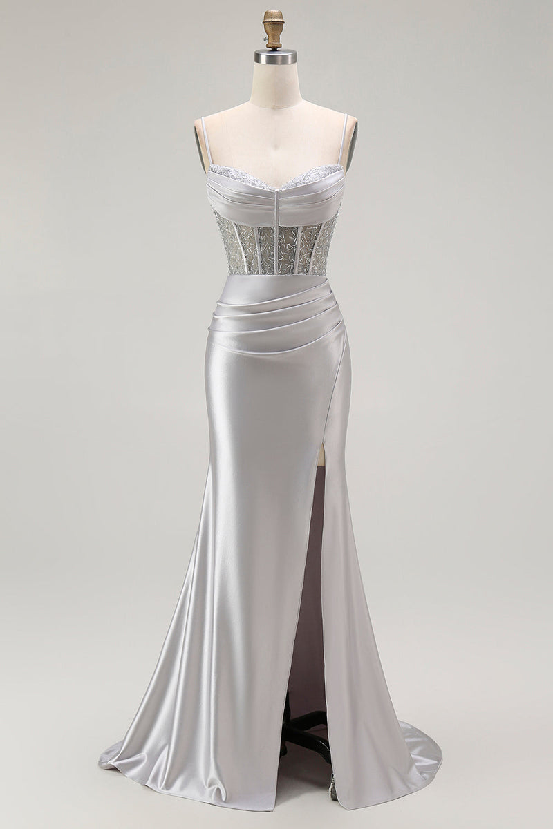 Load image into Gallery viewer, Sparkly Red Ruched Satin Long Corset Prom Dress with Slit
