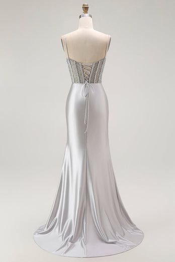Sparkly Grey Satin Spaghetti Straps Long Corset Prom Dress with Slit