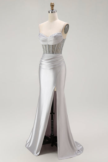 Sparkly Red Ruched Satin Long Corset Prom Dress with Slit