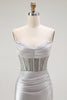 Load image into Gallery viewer, Sparkly Grey Satin Spaghetti Straps Long Corset Prom Dress with Slit