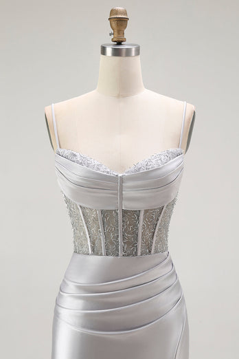 Sparkly Grey Satin Spaghetti Straps Long Corset Prom Dress with Slit