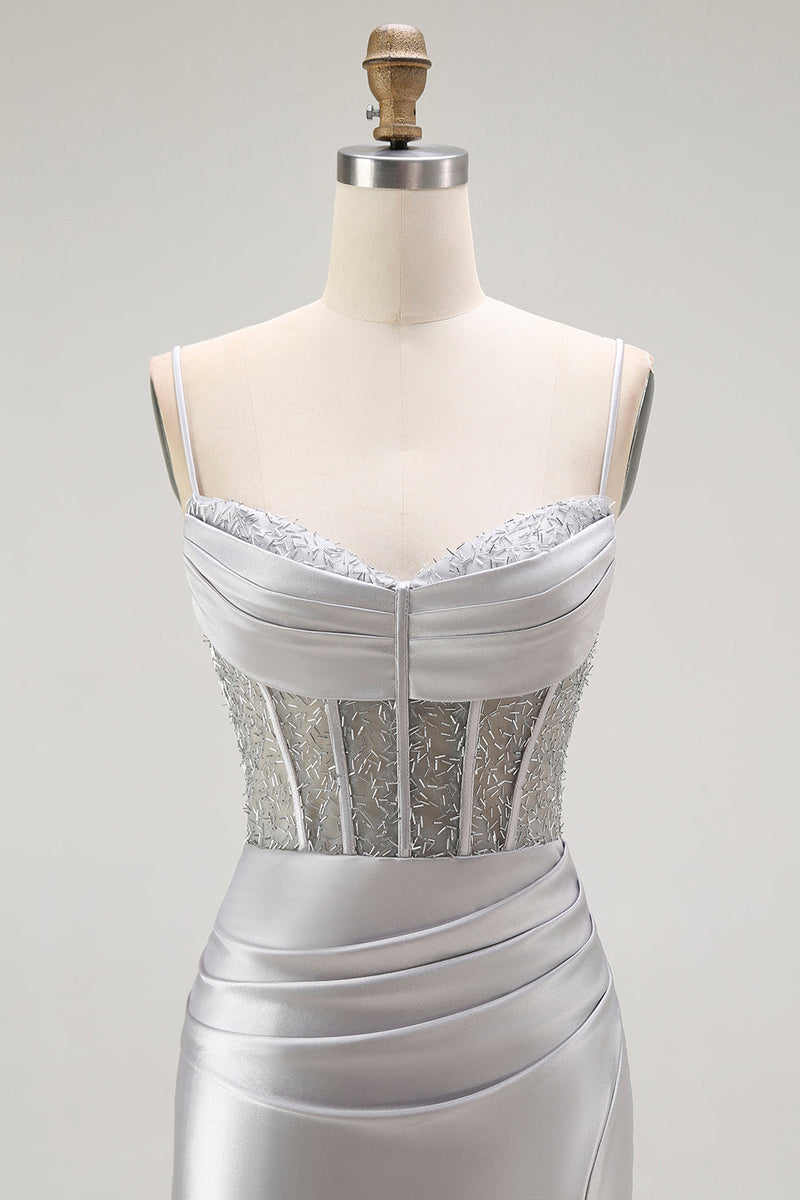 Load image into Gallery viewer, Sparkly Grey Satin Spaghetti Straps Long Corset Prom Dress with Slit