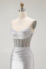 Load image into Gallery viewer, Sparkly Grey Satin Spaghetti Straps Long Corset Prom Dress with Slit