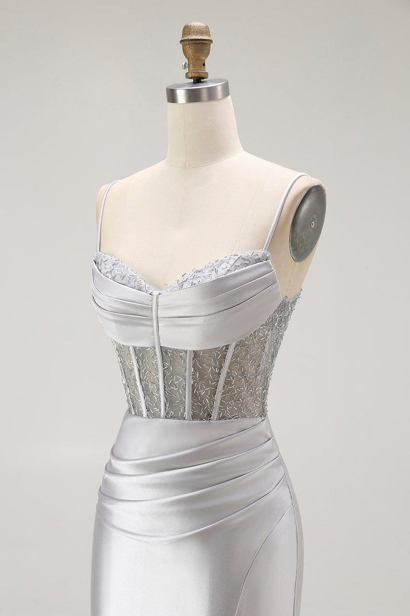 Load image into Gallery viewer, Sparkly Grey Satin Spaghetti Straps Long Corset Prom Dress with Slit