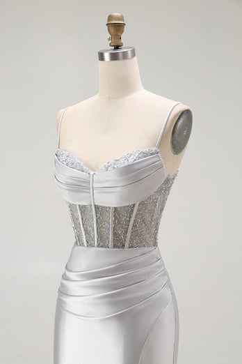 Sparkly Navy Mermaid Satin Long Corset Prom Dress with Beading
