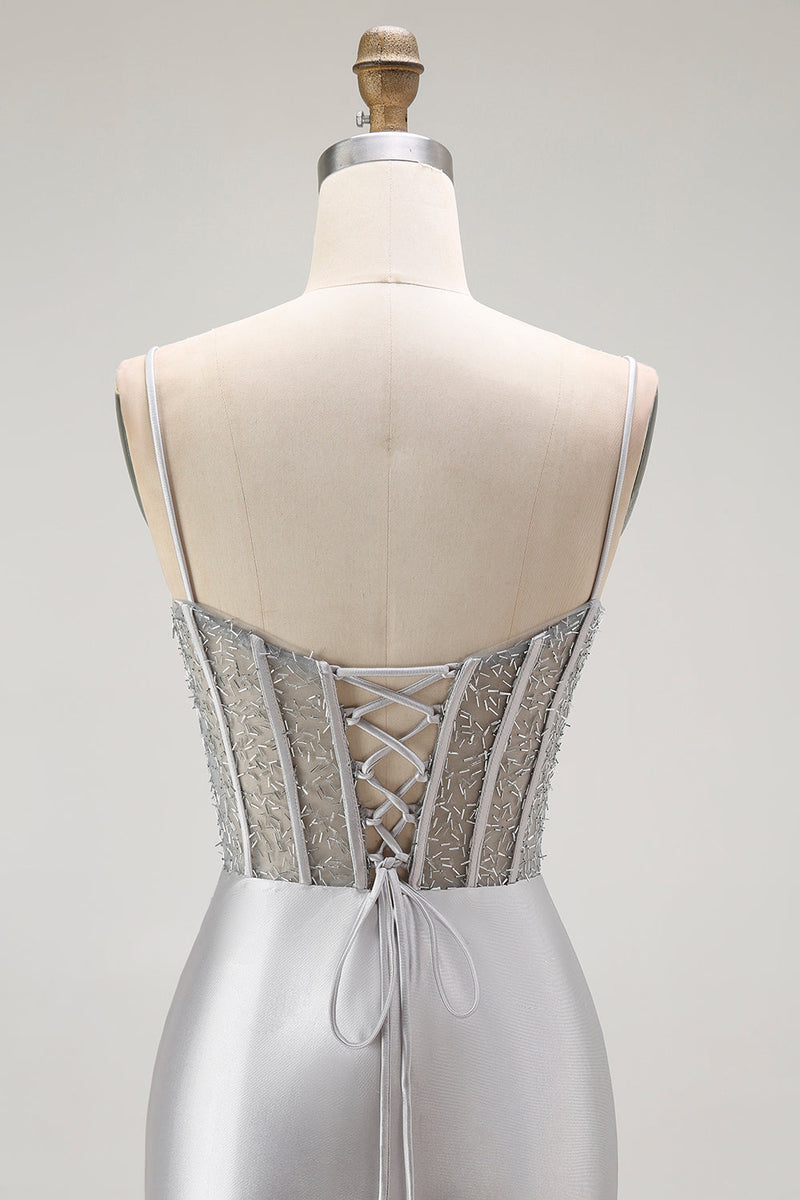 Load image into Gallery viewer, Sparkly Grey Satin Spaghetti Straps Long Corset Prom Dress with Slit