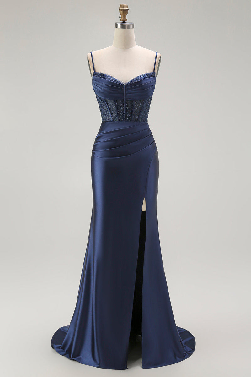 Load image into Gallery viewer, Sparkly Red Ruched Satin Long Corset Prom Dress with Slit