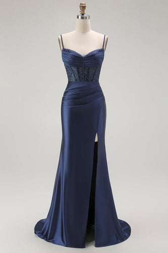 Sparkly Navy Mermaid Satin Long Corset Prom Dress with Beading