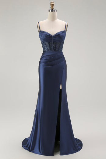 Sparkly Gold Mermaid Satin Long Corset Prom Dress with Slit