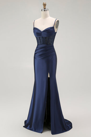Sparkly Grey Satin Spaghetti Straps Long Corset Prom Dress with Slit