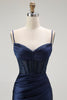 Load image into Gallery viewer, Sparkly Grey Satin Spaghetti Straps Long Corset Prom Dress with Slit