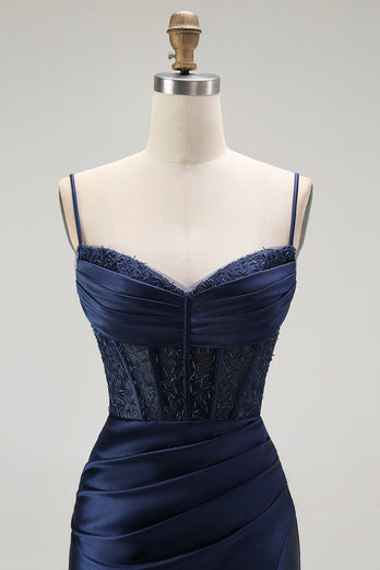 Sparkly Grey Satin Spaghetti Straps Long Corset Prom Dress with Slit